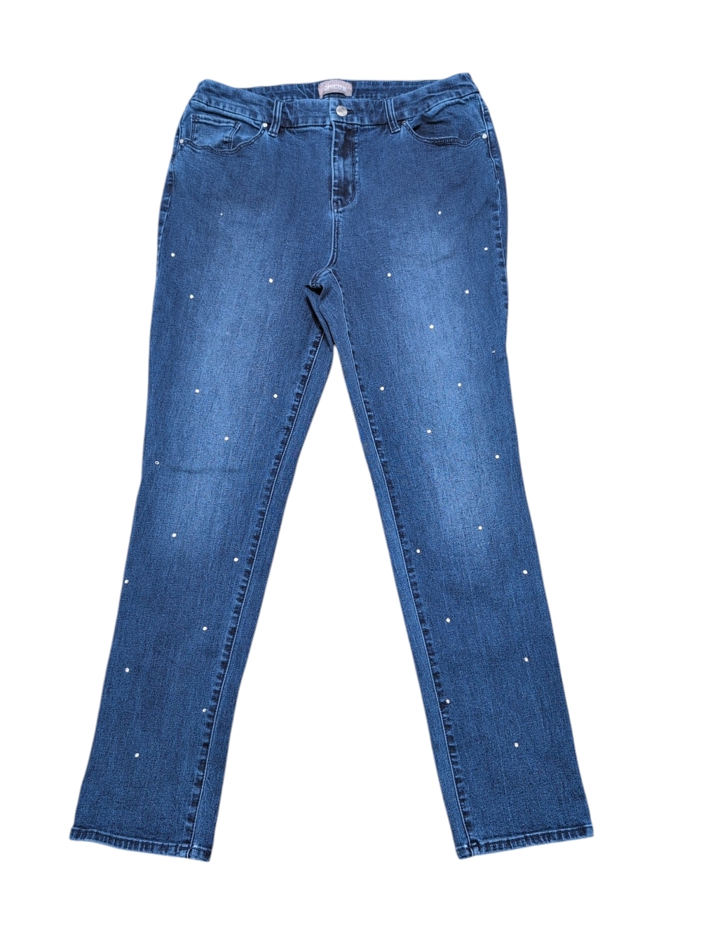 Chico's So Slimming Rhinestone Embellished Straight Leg Jeans Blue Sz 12 Regular